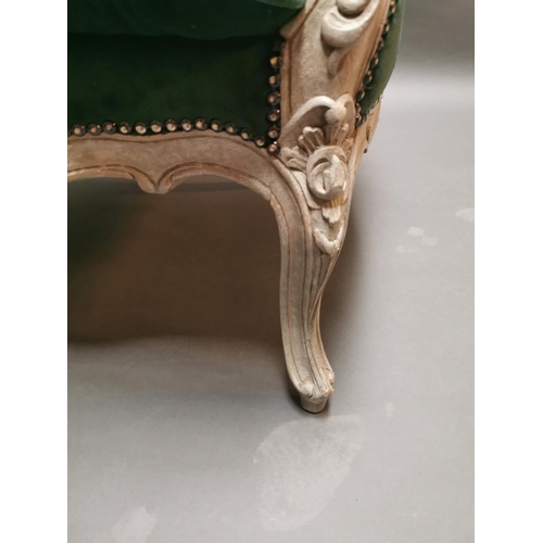 333 - Pair of early 20th C. bleached oak and crushed green velvet upholstered arm chairs in the French sty... 