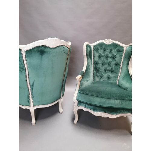 333 - Pair of early 20th C. bleached oak and crushed green velvet upholstered arm chairs in the French sty... 