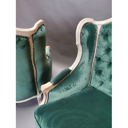 333 - Pair of early 20th C. bleached oak and crushed green velvet upholstered arm chairs in the French sty... 