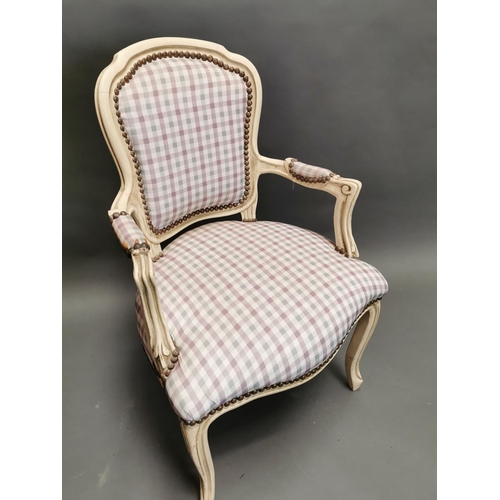 335 - Painted pine and upholstered arm chair in the French style {95 cm H x 61 cm W x 53 cm D}.