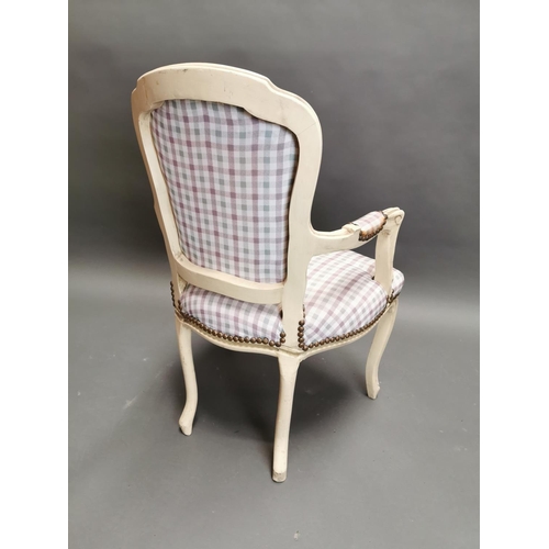 335 - Painted pine and upholstered arm chair in the French style {95 cm H x 61 cm W x 53 cm D}.