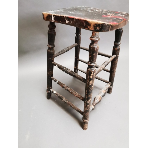 336 - Early 20th C. painted pine counter stool on turned legs {64 cm H x 33 cm W x 28 cm D}.