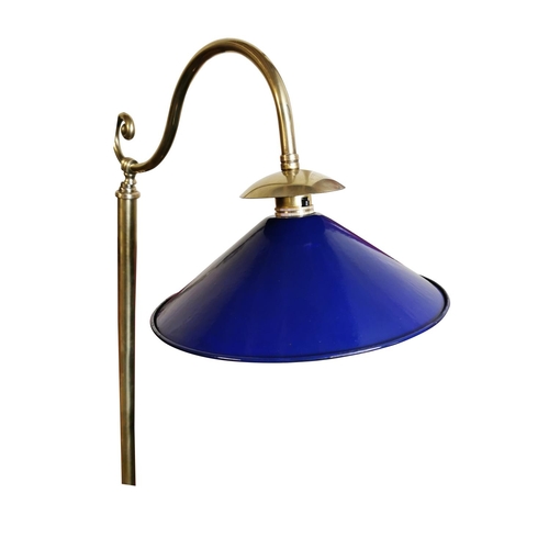 337 - Rare Edwardian brass lamp with blue enamel shade {139 cm H x 55 cm W x 27 cm D}.