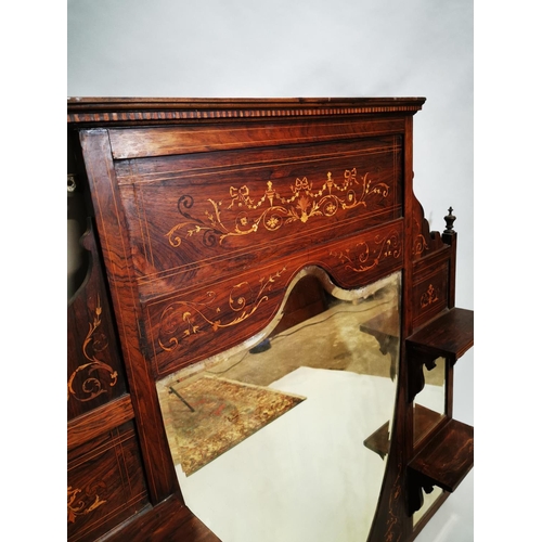 395 - Victorian inlaid rosewood overmantle {134 cm H x 130 cm W x 17 cm D}.