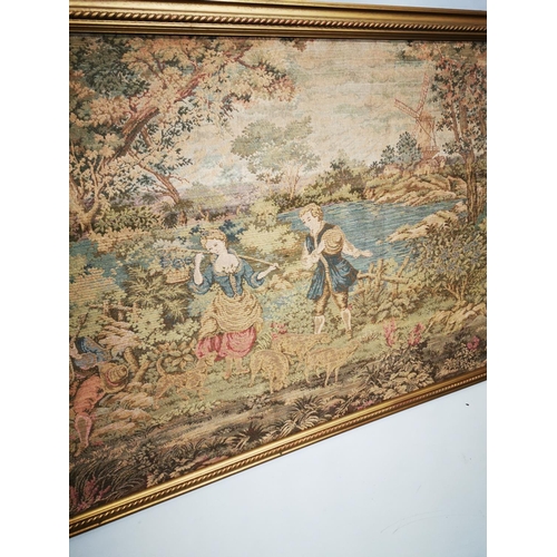398 - Good quality 20th C. French tapestry mounted in gilt frame {107 cm H x 206 cm W}.
