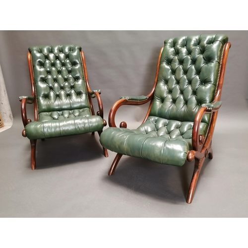 399 - Pair of good quality deep buttoned leather and mahogany library chairs {80 cm H x 53 cm W x 80 cm D}... 