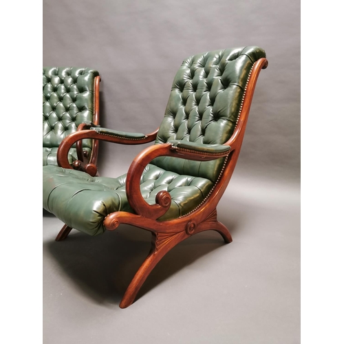 399 - Pair of good quality deep buttoned leather and mahogany library chairs {80 cm H x 53 cm W x 80 cm D}... 