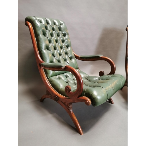 399 - Pair of good quality deep buttoned leather and mahogany library chairs {80 cm H x 53 cm W x 80 cm D}... 