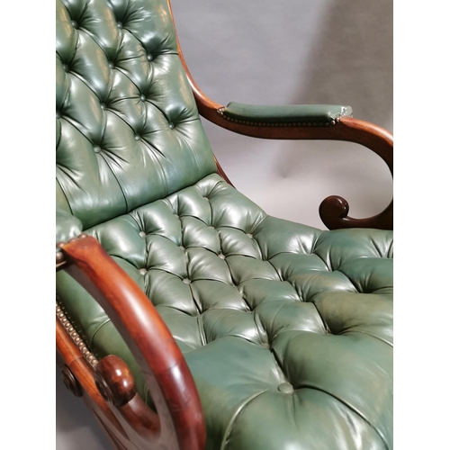 399 - Pair of good quality deep buttoned leather and mahogany library chairs {80 cm H x 53 cm W x 80 cm D}... 