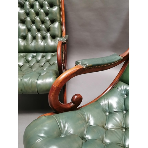 399 - Pair of good quality deep buttoned leather and mahogany library chairs {80 cm H x 53 cm W x 80 cm D}... 