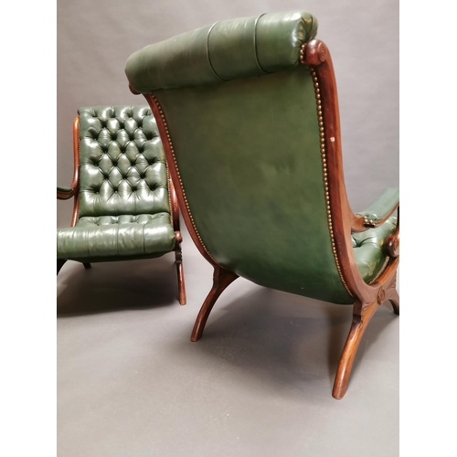 399 - Pair of good quality deep buttoned leather and mahogany library chairs {80 cm H x 53 cm W x 80 cm D}... 