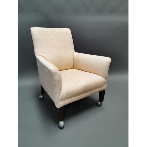 402 - Edwardian mahogany and upholstered arm chair {88 cm H x 68 cm W x 71 cm D}.