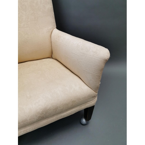 402 - Edwardian mahogany and upholstered arm chair {88 cm H x 68 cm W x 71 cm D}.