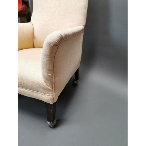 402 - Edwardian mahogany and upholstered arm chair {88 cm H x 68 cm W x 71 cm D}.