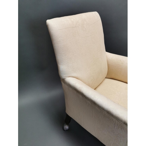 402 - Edwardian mahogany and upholstered arm chair {88 cm H x 68 cm W x 71 cm D}.