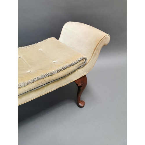 403 - Edwardian mahogany and upholstered window seat on cabriole legs {54 cm H x 113 cm W x 44 cm D}.