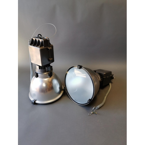 406 - Pair of retro Industrial hanging lights {70 cm H x 44 cm Dia.}.