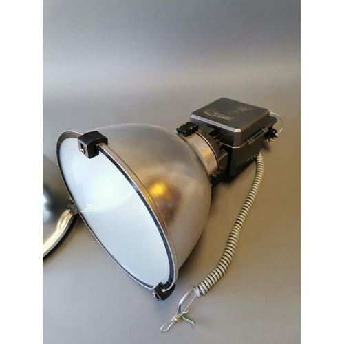 406 - Pair of retro Industrial hanging lights {70 cm H x 44 cm Dia.}.