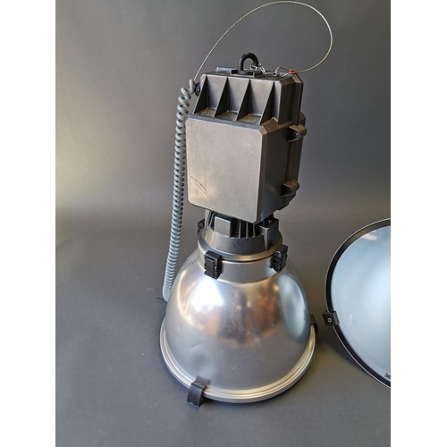 406 - Pair of retro Industrial hanging lights {70 cm H x 44 cm Dia.}.