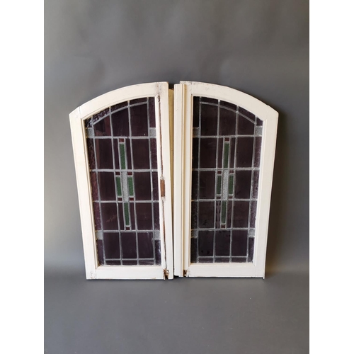 408 - Pair of early 20th C. windows with stained glass panels {100 cm H x 96 cm W}.