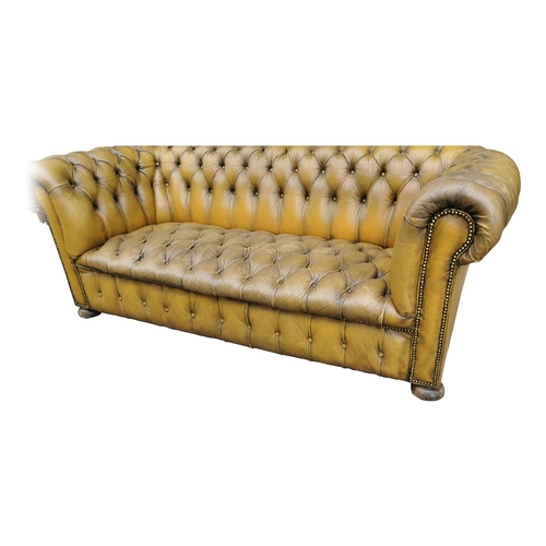 410A - Good quality hand died leather deep buttoned Chesterfield sofa on turned legs and brass castors {70 ... 