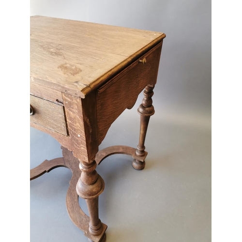 412 - 19th C. oak side table with single drawer in the frieze and brushing slides on turned legs {71 cm H ... 