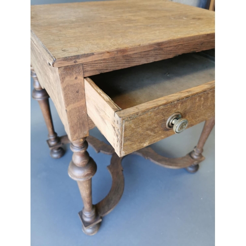 412 - 19th C. oak side table with single drawer in the frieze and brushing slides on turned legs {71 cm H ... 