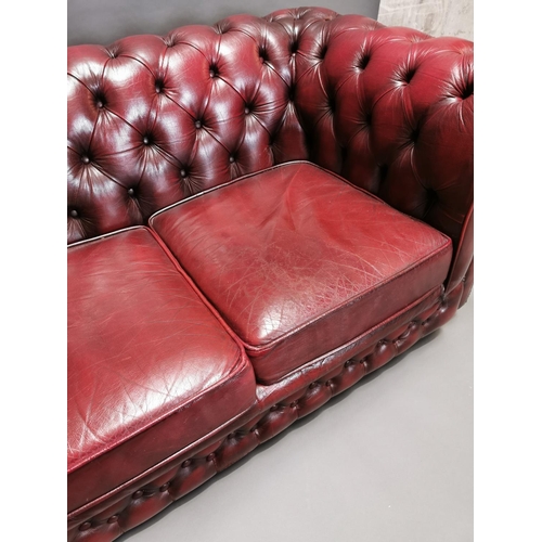 413 - Good quality oxblood leather deep buttoned two seater Chesterfield sofa {66 cm H x 161 cm W x 85 cm ... 