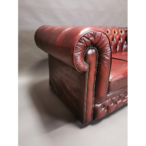 414 - Good quality oxblood leather deep buttoned  two seater Chesterfield sofa {66 cm H x 161 cm W x 85 cm... 