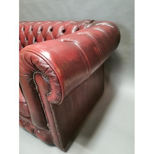 414 - Good quality oxblood leather deep buttoned  two seater Chesterfield sofa {66 cm H x 161 cm W x 85 cm... 