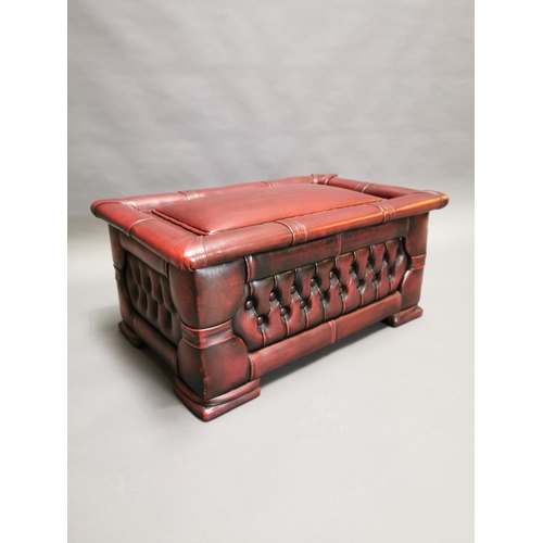 415 - Good quality oxblood leather deep buttoned Chesterfield ottoman with lift up lid {35 cm H x 75 cm W ... 