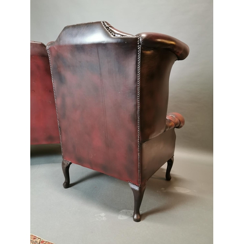 417 - Pair of good quality ox blood leather deep buttoned Chesterfield wing back arm chairs {113 cm H x 90... 