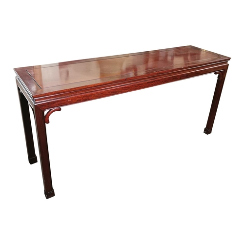 419 - Good quality mahogany side table on square legs {76 cm H x 162 cm W x 46 cm D}.