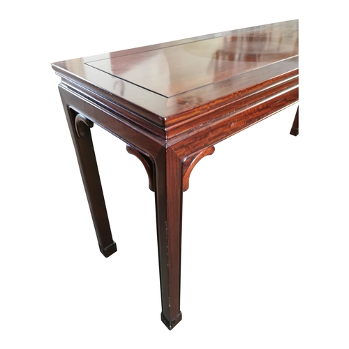 419 - Good quality mahogany side table on square legs {76 cm H x 162 cm W x 46 cm D}.