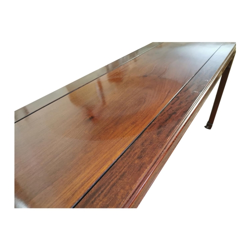 419 - Good quality mahogany side table on square legs {76 cm H x 162 cm W x 46 cm D}.