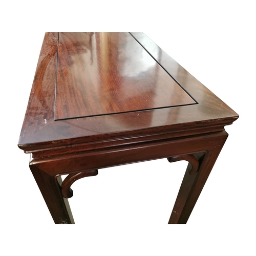 419 - Good quality mahogany side table on square legs {76 cm H x 162 cm W x 46 cm D}.