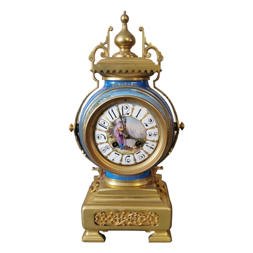 421 - 19th C. gilded brass and enamel mantle clock {40 cm H x 11 cm W x 17 cm D}.