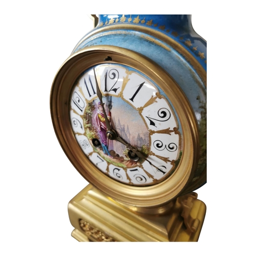 421 - 19th C. gilded brass and enamel mantle clock {40 cm H x 11 cm W x 17 cm D}.