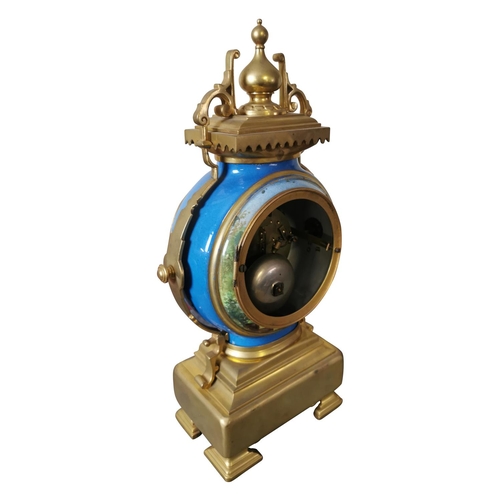 421 - 19th C. gilded brass and enamel mantle clock {40 cm H x 11 cm W x 17 cm D}.