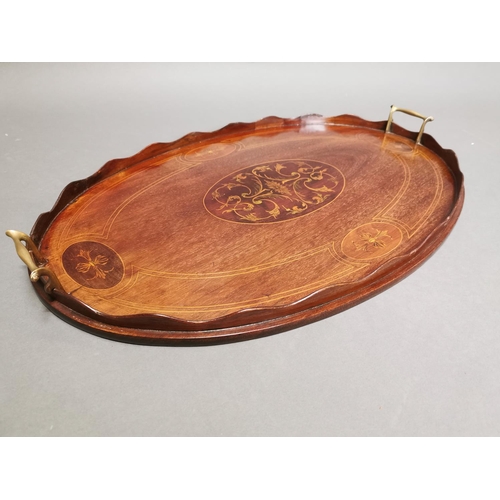 422 - Good quality Edwardian mahogany and inlaid satinwood butlers tray with original brass handles {43 cm... 