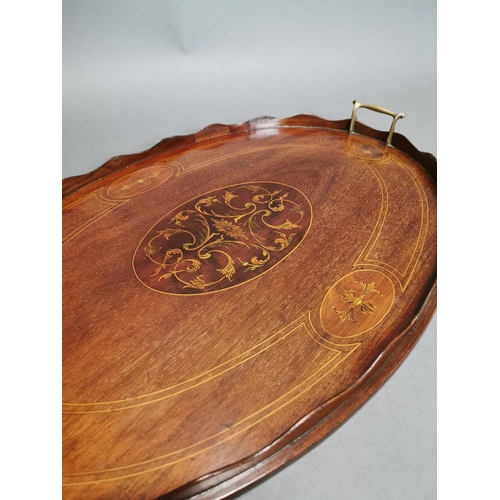 422 - Good quality Edwardian mahogany and inlaid satinwood butlers tray with original brass handles {43 cm... 