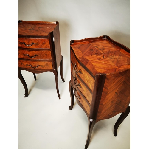 423 - Pair of kingwood bedside lockers with three drawers on cabriole legs {71 cm H x 36 cm W x 30 cm D}.