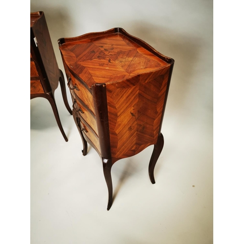 423 - Pair of kingwood bedside lockers with three drawers on cabriole legs {71 cm H x 36 cm W x 30 cm D}.