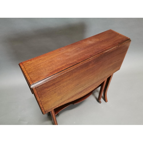 426 - Edwardian mahogany and inlaid satinwood drop leaf Sunderland table {63 cm H x 61 cm W x 18 cm D}.