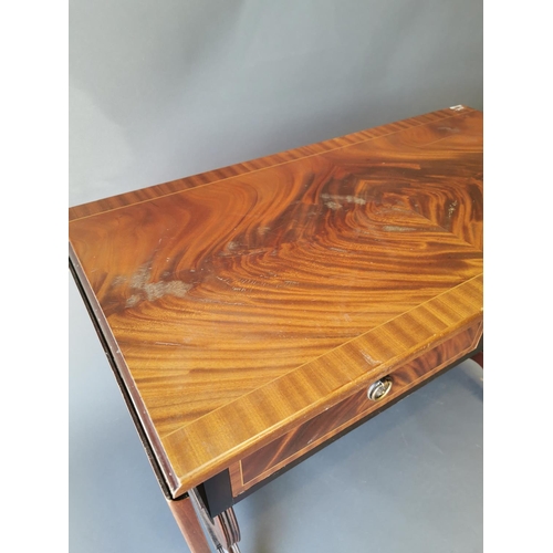 428 - Mahogany inlaid sofa table with two drawers in the frieze on lyre supports in the Georgian style {73... 