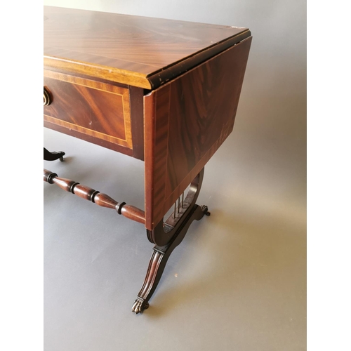 428 - Mahogany inlaid sofa table with two drawers in the frieze on lyre supports in the Georgian style {73... 