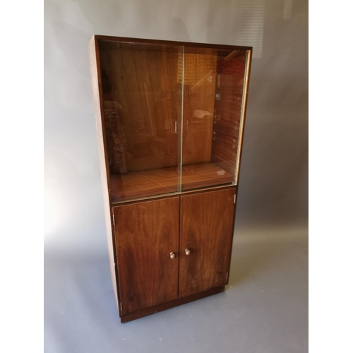 430 - Retro teak side cabinet with sliding glass doors and two blind doors {142 cm H x 68 cm W x 30 cm D}.