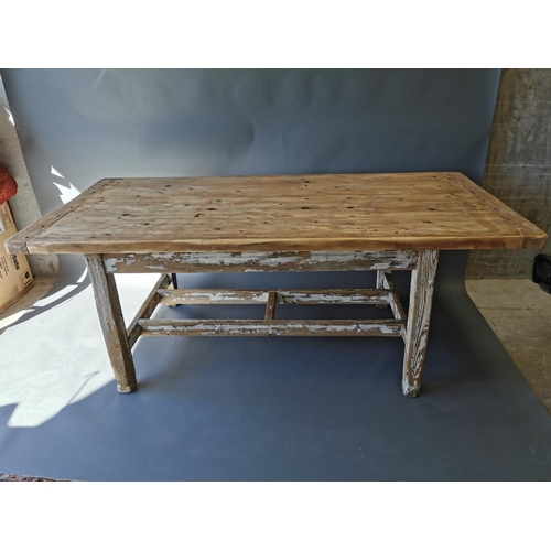 431 - 19th C. painted pine kitchen table on square legs and double stretcher {75 cm H x 188 cm L x 95 cm W... 
