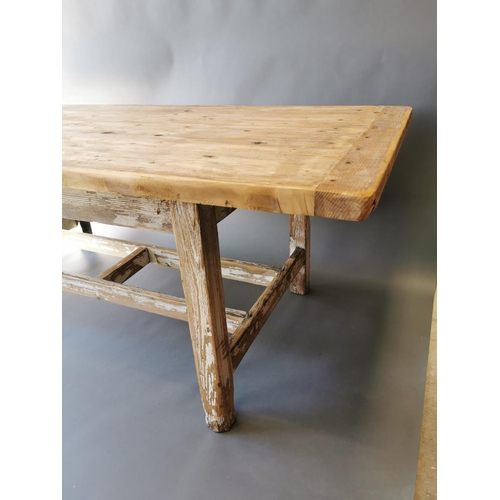 431 - 19th C. painted pine kitchen table on square legs and double stretcher {75 cm H x 188 cm L x 95 cm W... 