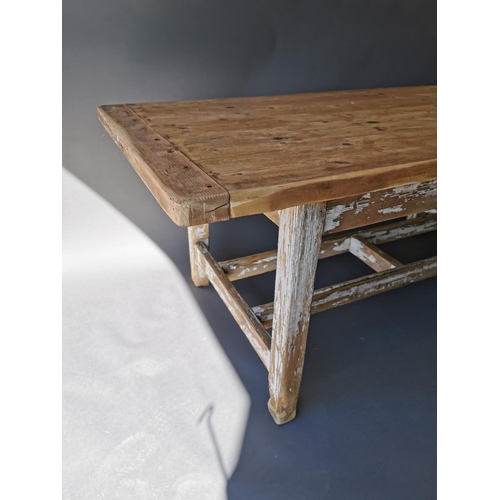 431 - 19th C. painted pine kitchen table on square legs and double stretcher {75 cm H x 188 cm L x 95 cm W... 